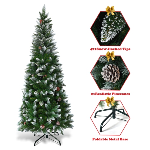 Topbuy 5' Artificial Pencil Christmas Tree Snow Flocked Tree w/ Pine Cones and Metal stand