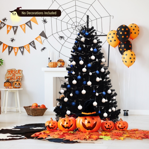 Topbuy 6Ft Artificial Christmas Tree Halloween Hinged Spruce Full Tree with Metal Stand Black