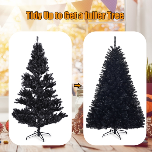 Topbuy 6Ft Artificial Christmas Tree Halloween Hinged Spruce Full Tree with Metal Stand Black
