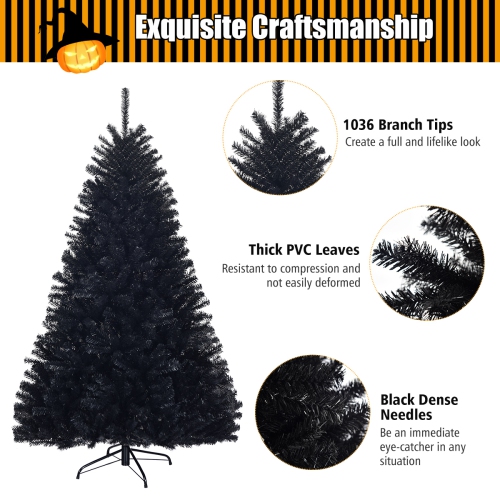 Topbuy 6Ft Artificial Christmas Tree Halloween Hinged Spruce Full Tree with Metal Stand Black
