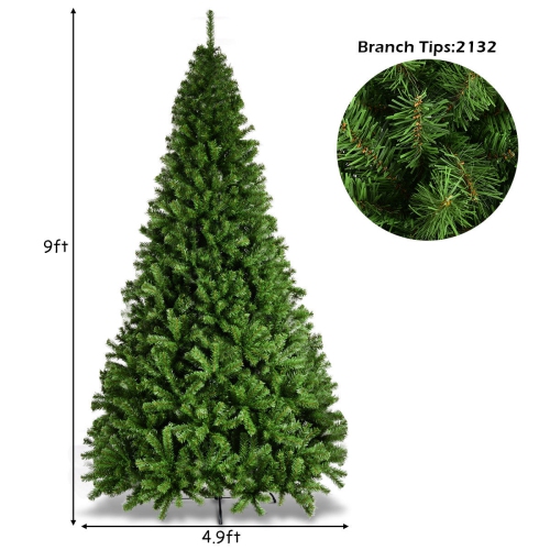 Topbuy 9ft PVC Artificial Christmas Tree 2132 Tips Premium Hinged Tips w/ Solid Metal Stand