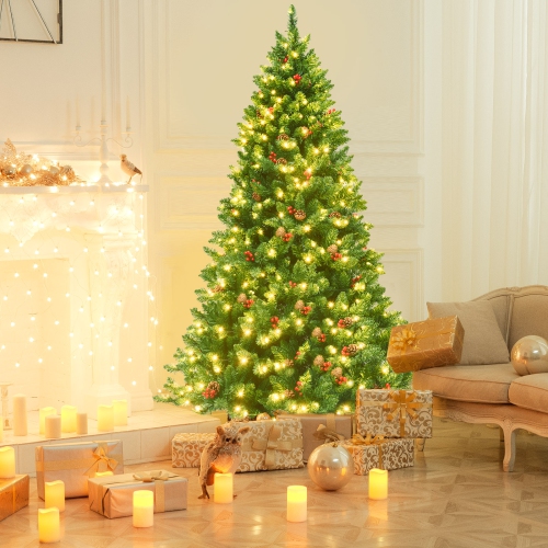 Topbuy 6.5 FT Pre-lit Hinged Christmas Tree with 450 LED Lights & Pine Cones Red Berries