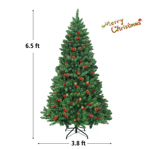 Topbuy 6.5 FT Pre-lit Hinged Christmas Tree with 450 LED Lights & Pine Cones Red Berries