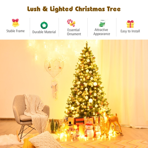 Topbuy 6.5 FT Pre-lit Hinged Christmas Tree with 450 LED Lights & Pine Cones Red Berries