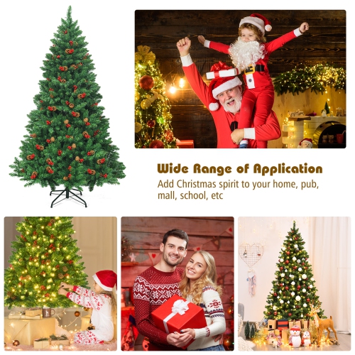 Topbuy 6.5 FT Pre-lit Hinged Christmas Tree with 450 LED Lights & Pine Cones Red Berries