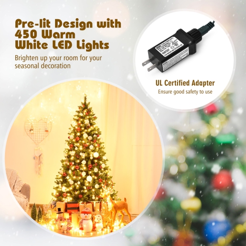 Topbuy 6.5 FT Pre-lit Hinged Christmas Tree with 450 LED Lights & Pine Cones Red Berries