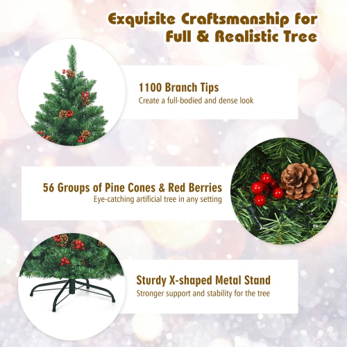 Topbuy 6.5 FT Pre-lit Hinged Christmas Tree with 450 LED Lights & Pine Cones Red Berries