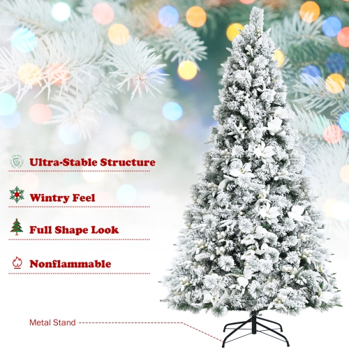 Topbuy Artificial Snow Flocked Christmas Tree 7FT Hinged Christmas Tree W/ 919 Branch Tips