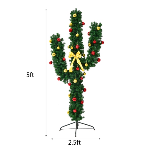 Topbuy 5' Artificial Cactus Christmas Tree Pre-Lit Optical Fiber w/ LED Lights & Ball Ornaments