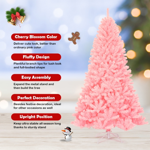 Topbuy 7.5Ft Artificial Christmas Tree Hinged Spruce Full Tree with Metal Stand Pink