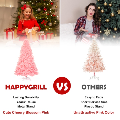 Topbuy 7.5Ft Artificial Christmas Tree Hinged Spruce Full Tree with Metal Stand Pink