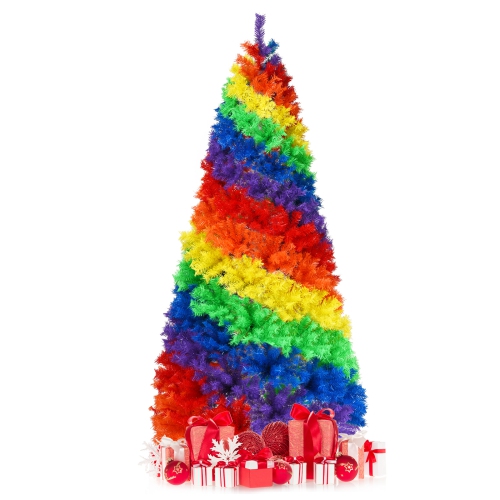 TOPBUY  7Ft Artificial Hinged Christmas Tree Colorful Rainbow Full Fir Xmas Tree With 1213 Branch Tips