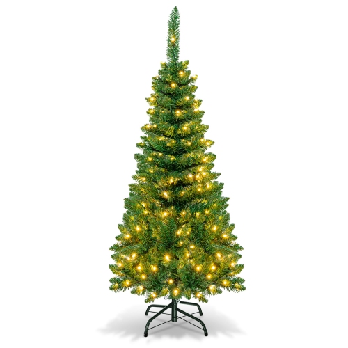 TOPBUY  4.5Ft Pencil Christmas Tree Pre-Lit Hinged Artificial Decoration W/ 150 Warm Lights In White