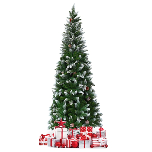 TOPBUY  7.5' Artificial Pencil Christmas Tree Snow Flocked Tree W/ Pine Cones And Metal Stand
