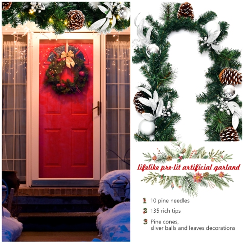 Topbuy 9FT Pre-lit Pine Christmas Garland Artificial Christmas Decoration Rattan with 50 LED Lights