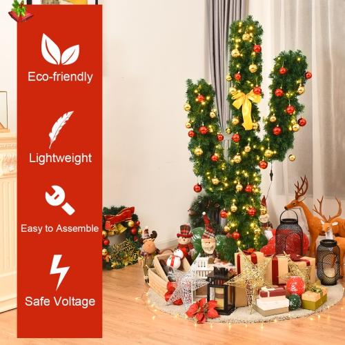 Topbuy 6' Artificial Cactus Christmas Tree Pre-Lit Optical Fiber w/ LED Lights & Ball Ornaments