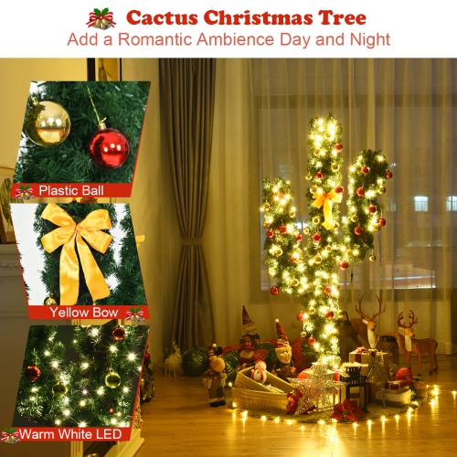 Topbuy 6' Artificial Cactus Christmas Tree Pre-Lit Optical Fiber w/ LED Lights & Ball Ornaments