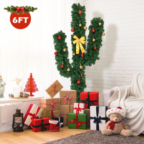 Topbuy 6' Artificial Cactus Christmas Tree Pre-Lit Optical Fiber w/ LED Lights & Ball Ornaments