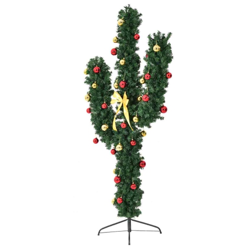 Topbuy 6' Artificial Cactus Christmas Tree Pre-Lit Optical Fiber w/ LED Lights & Ball Ornaments