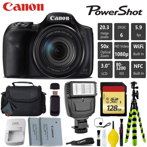 Canon PowerShot SX540 HS Digital Point and Shoot 20MP Camera + Extra Battery + Digital Flash + Camera Case + 128GB Class