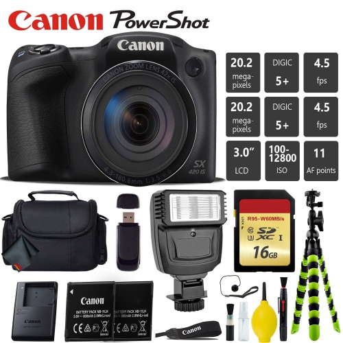Canon PowerShot SX420 is Digital Point and Shoot 20MP Camera + Extra Battery + Digital Flash + Camera Case + 16GB Class