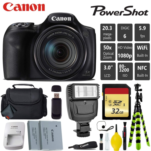 Canon PowerShot SX540 HS Digital Point and Shoot 20MP Camera + Extra Battery + Digital Flash + Camera Case + 32GB Class