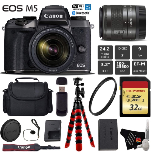 Canon EOS M5 Mirrorless Digital Camera with EF-M 15-45mm is STM Lens + Flexible Tripod + UV Protection Filter Starter Bundle