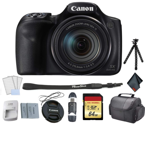 Canon PowerShot SX540 HS Digital Point and Shoot Camera Bundle with Replacement Battery + 64GB Memory Card + Flexible Tr