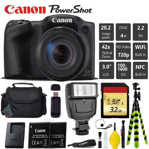 Canon PowerShot SX420 is Digital Point and Shoot 20MP Camera + Extra Battery + Digital Flash + Camera Case + 32GB Class