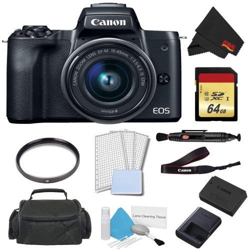 Canon EOS M50 Mirrorless Digital Camera with 15-45mm Lens Advanced Bundle w/ 64GB Memory Card - International Mo