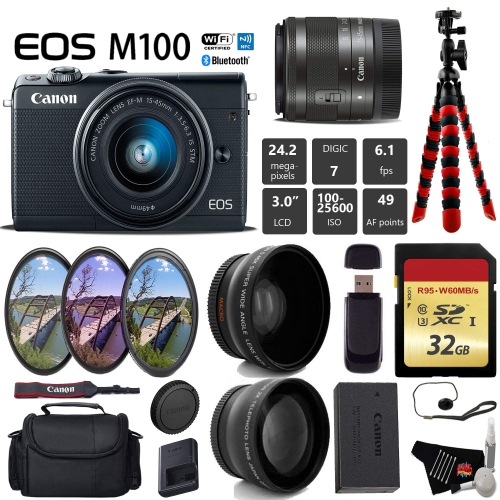 Canon EOS M100 Mirrorless Digital Camera (Black) with 15-45mm Lens
