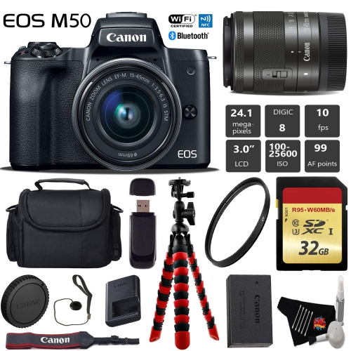 Canon EOS M50 Mirrorless Digital Camera with 15-45mm Lens + Flexible Tripod + UV Protection Filter + Professional Case +