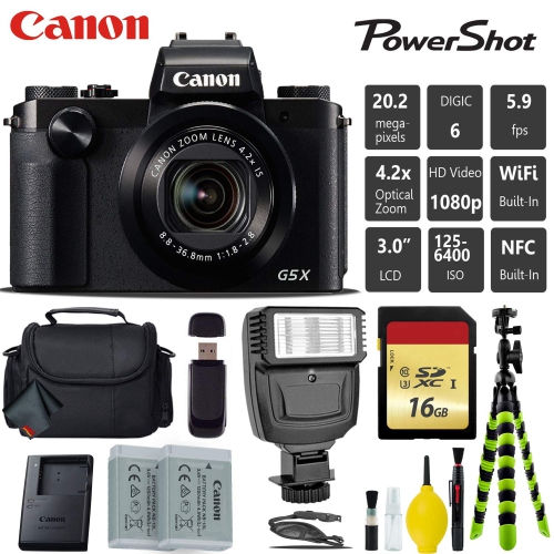 Canon PowerShot G5 X 20.2MP Point and Shoot Digital Camera + Extra Battery + Digital Flash + Camera Case + 16GB Class 10 Starter Bundle