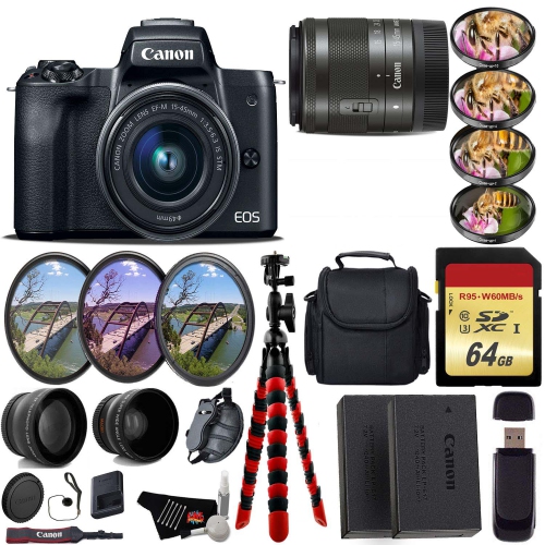 Canon EOS M50 Mirrorless Digital Camera with 15-45mm Lens + UV FLD CPL Filter Kit + 4 PC Macro Kit + Wide Angle & Teleph
