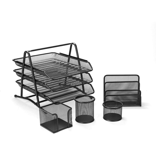 SHOPPINGALL Metal Mesh Desk Organizer Accessories Assortment Set in Black, 5-Piece Includes 3-Tier Document Tray, Letter Shelf, Pencil Cup, Doodad Cu