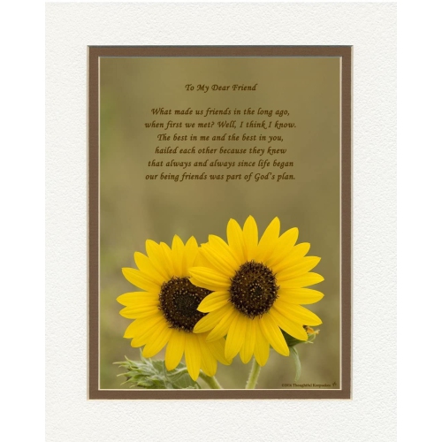 Cadeaux pour les amis. Sunflowers photo with What Made Us Friends poem