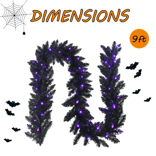 Gymax 9FT Pre-lit Black Halloween Garland Christmas Rattan w/ LED Lights & Timer