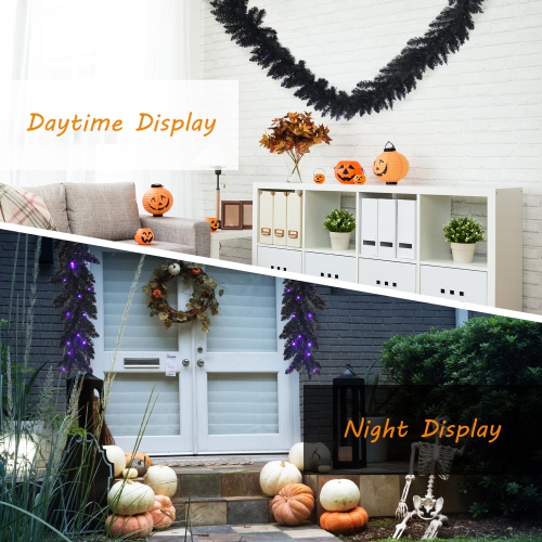 Gymax 9FT Pre-lit Black Halloween Garland Christmas Rattan w/ LED Lights & Timer