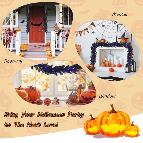 Gymax 9FT Pre-lit Black Halloween Garland Christmas Rattan w/ LED Lights & Timer