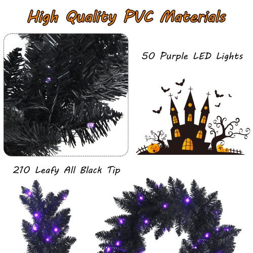 Gymax 9FT Pre-lit Black Halloween Garland Christmas Rattan w/ LED Lights & Timer