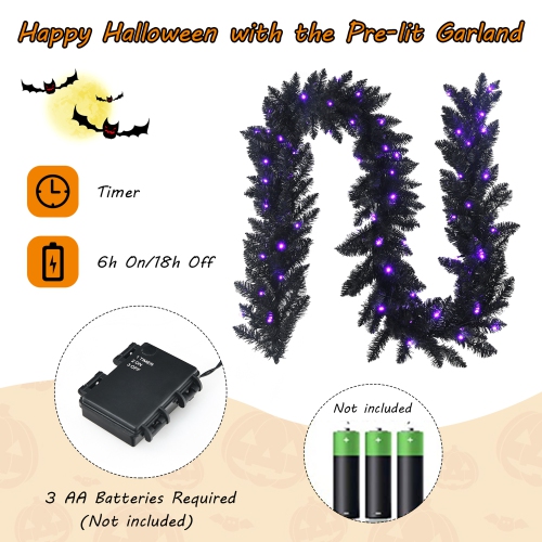 Gymax 9FT Pre-lit Black Halloween Garland Christmas Rattan w/ LED Lights & Timer