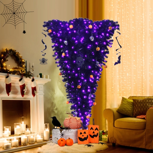 GYMAX  6Ft Pre-Lit UPSide Down Halloween Tree Artificial Christmas Tree In Black