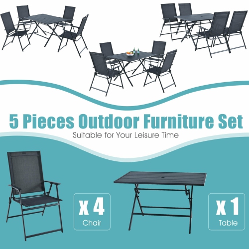 Gymax 5PCS Patio Folding Table & Chairs Set Outdoor Dining Set w/ Umbrella Hole