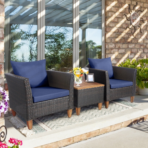 GYMAX  3PCs Patio Furniture Set Conversation Bistro Set W/ Acacia Wood & Cushions In Navy