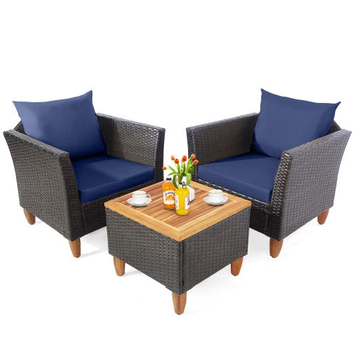 Gymax 3PCS Patio Furniture Set Conversation Bistro Set w/ Acacia Wood & Cushions Navy
