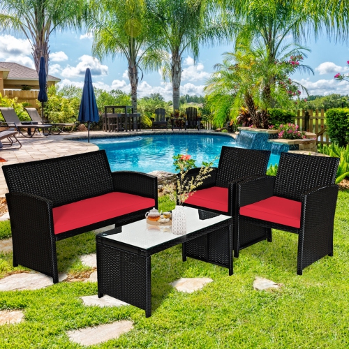 GYMAX  4PCs Rattan Outdoor Conversation Set Patio Furniture Set W/ Cushions In Red