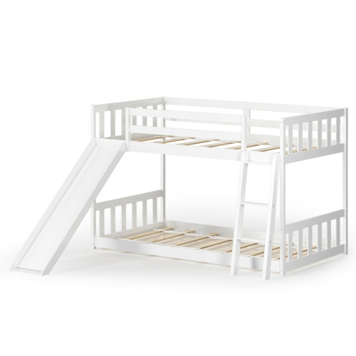 Gymax Twin over Twin Bunk Wooden Low Bed with Slide Ladder for Kids