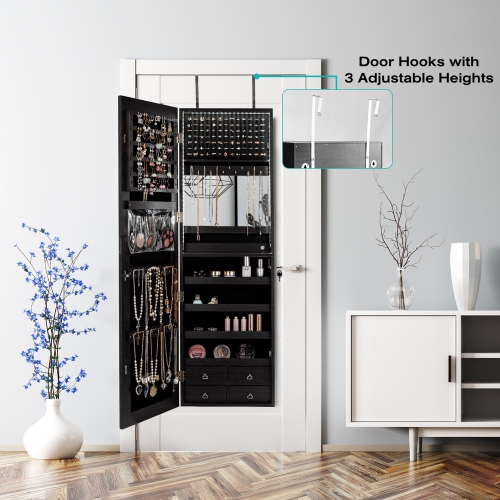 Gymax Mirror Jewelry Cabinet 96 LED Lights Wall Door Mounted Armoire w/ Makeup Rack