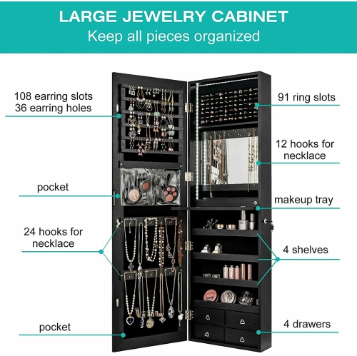 Gymax Mirror Jewelry Cabinet 96 LED Lights Wall Door Mounted Armoire w/ Makeup Rack