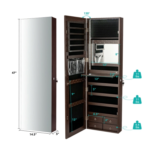 Gymax Mirror Jewelry Cabinet 96 LED Lights Wall Door Mounted Armoire w/ Makeup Rack